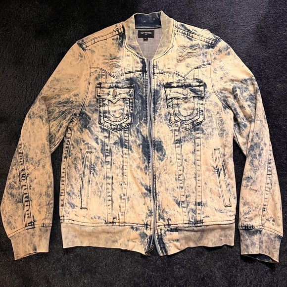 True Religion Men Medium Denim Jimmy Jacket Distressed White Tide Wash - Picture 2 of 7